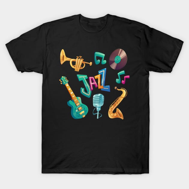 Jazz Day Illustration Instruments T-Shirt by Mako Design 